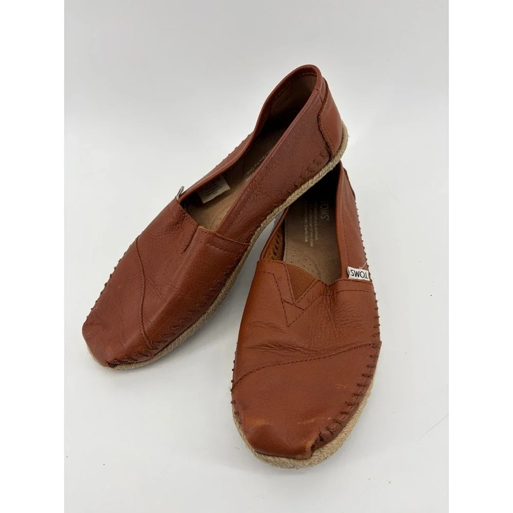 TOMS Alpargata Slip On, Brown Leather Whipstitch Espadrille, Women Size 9
